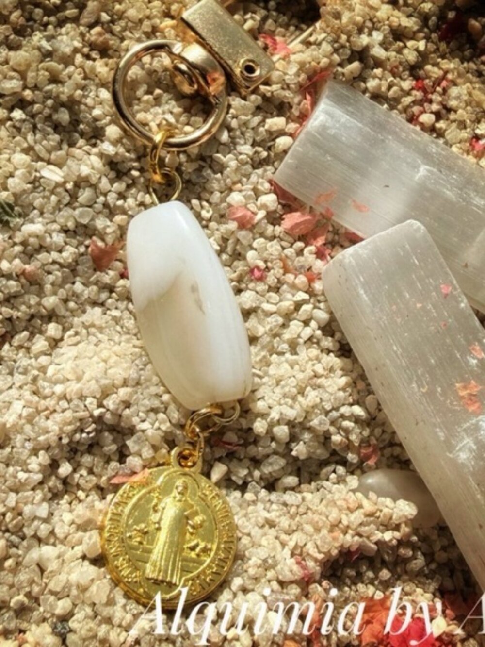 Agate Keychain — Gold Medallion & White Bead (Secret Companion)